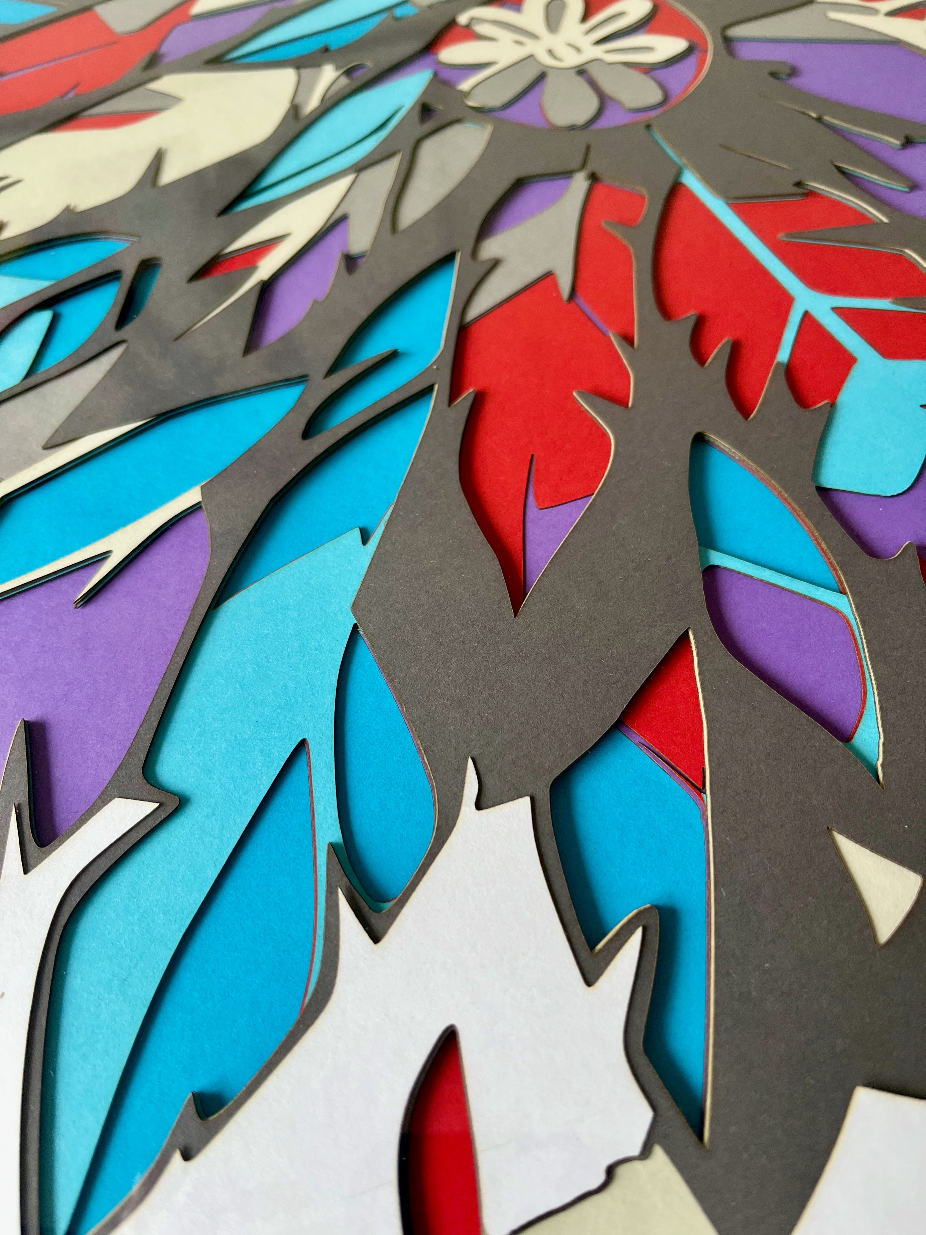 Crâne avec plumes indiennes encadré 70x70cm