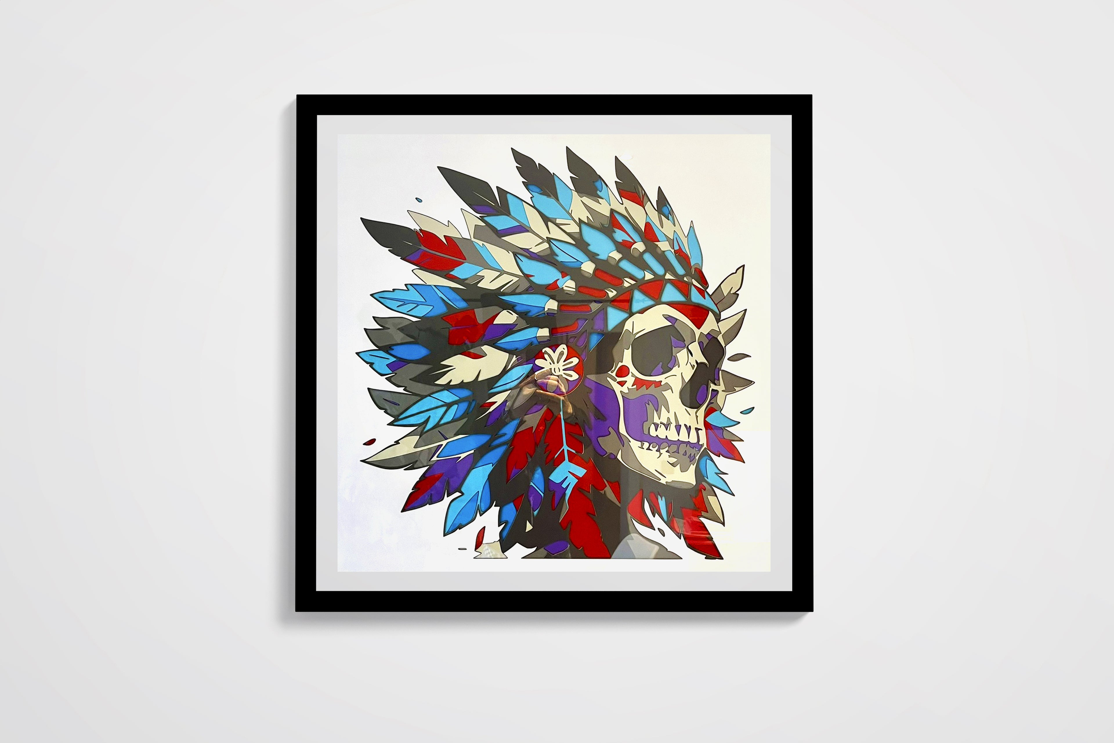 Crâne avec plumes indiennes encadré 70x70cm