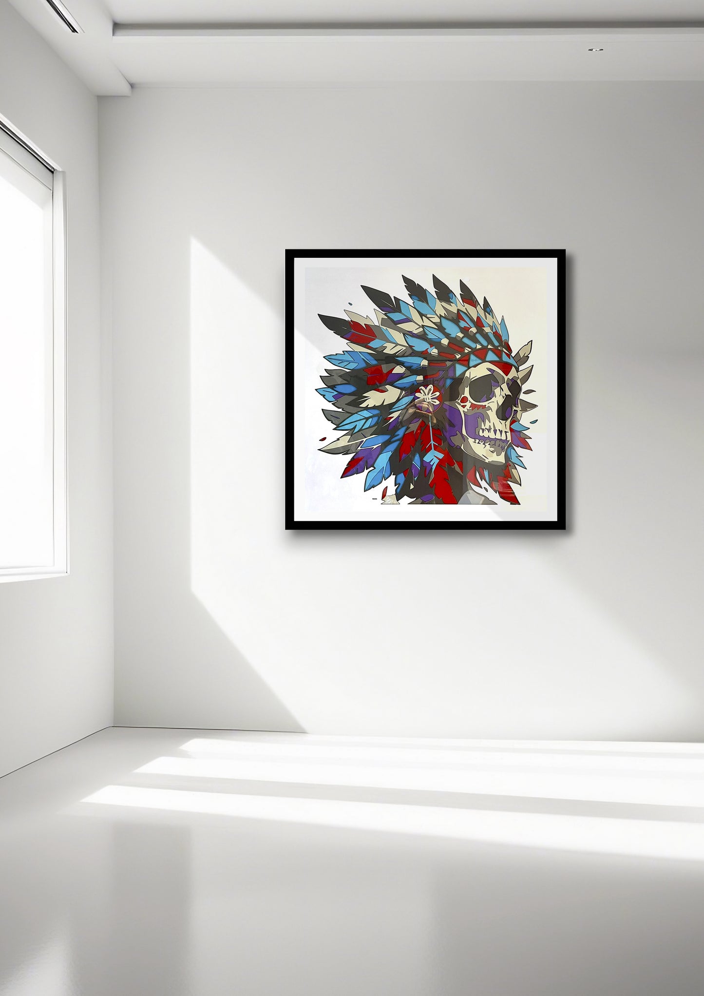 Crâne avec plumes indiennes encadré 70x70cm