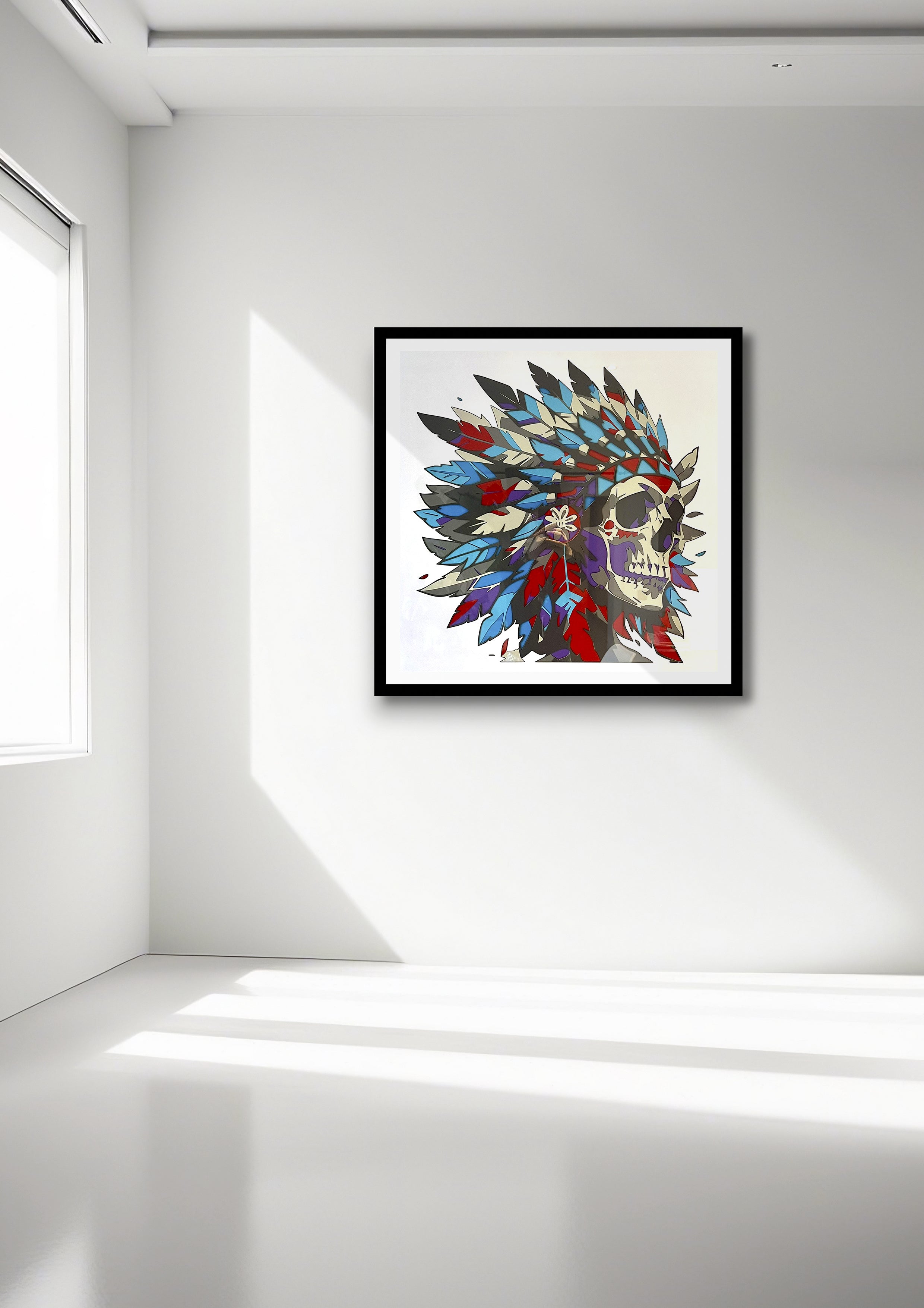 Crâne avec plumes indiennes encadré 70x70cm