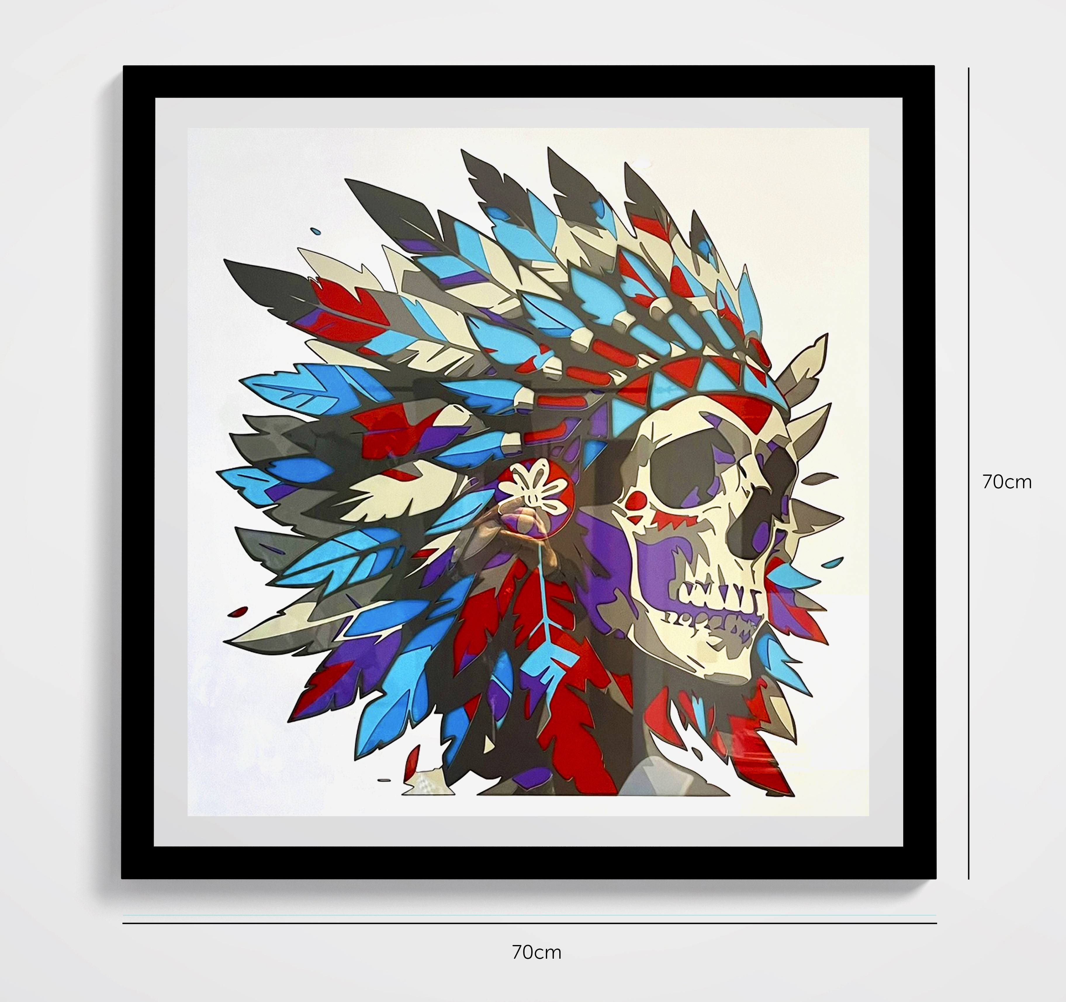 Crâne avec plumes indiennes encadré 70x70cm