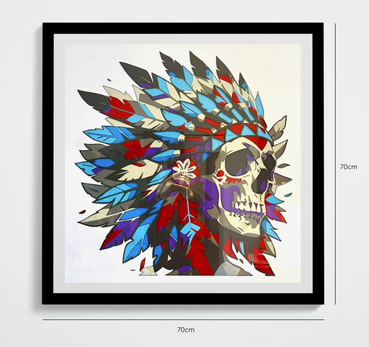 Crâne avec plumes indiennes encadré 70x70cm